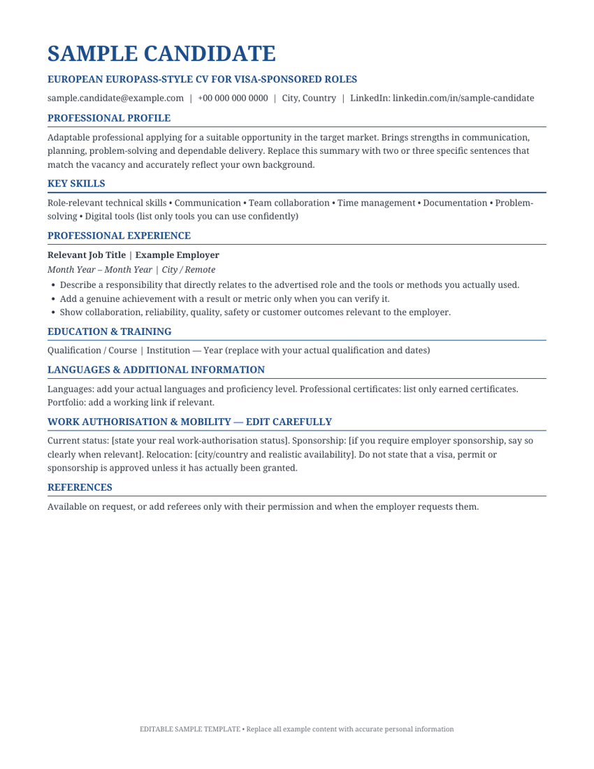 Preview of European Europass-Style CV for Visa-Sponsored Roles