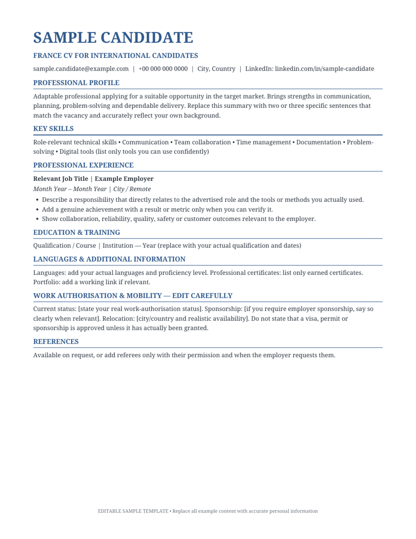 Preview of France CV for International Candidates