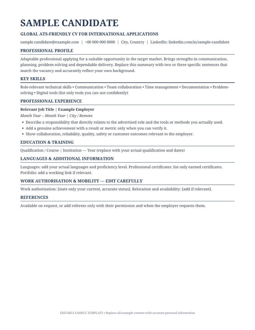 Preview of Global ATS-Friendly CV for International Applications