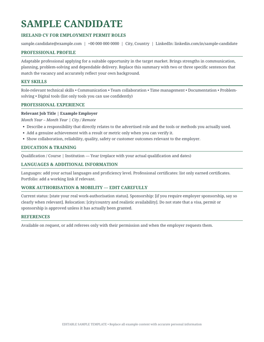 Preview of Ireland CV for Employment Permit Roles