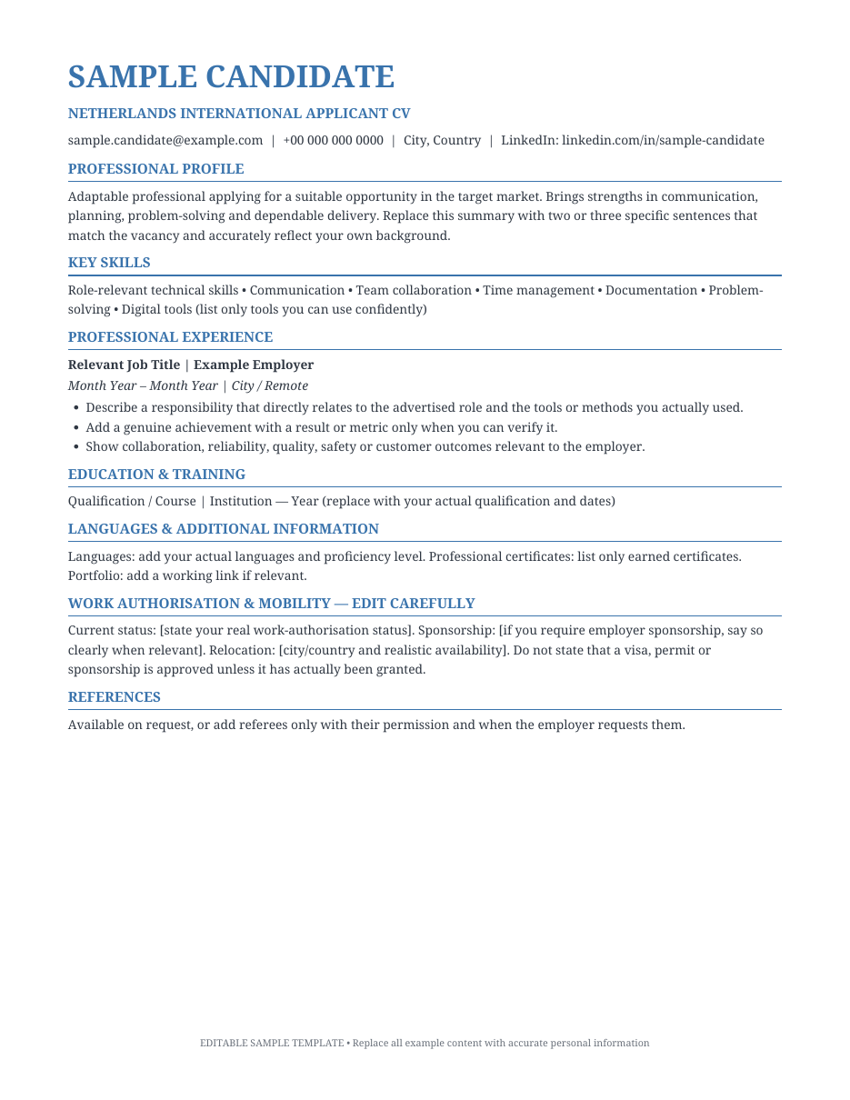 Preview of Netherlands International Applicant CV