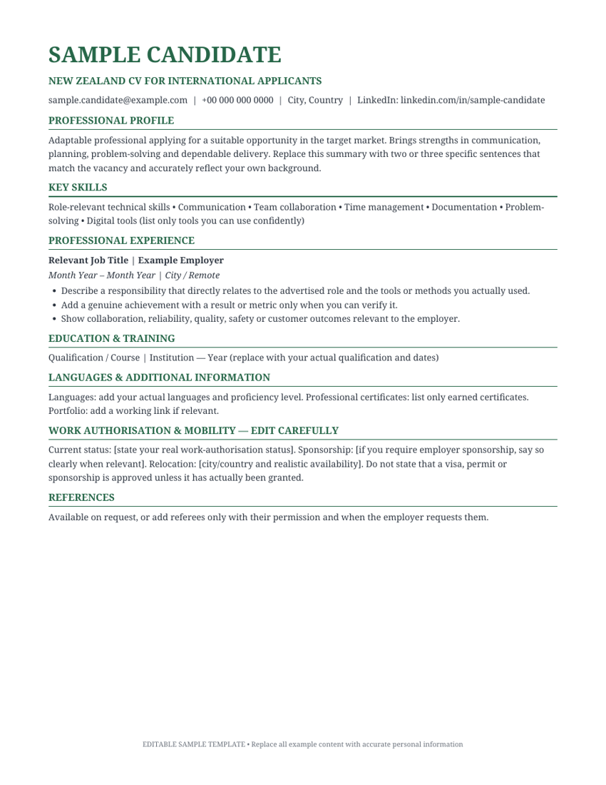 Preview of New Zealand CV for International Applicants