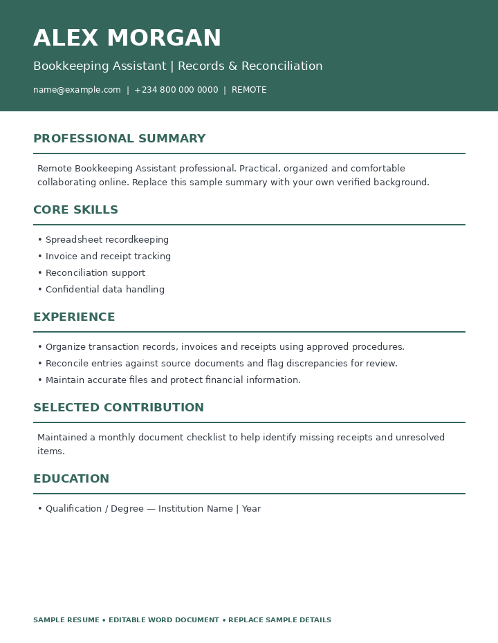 Preview of Remote Bookkeeping Assistant Resume