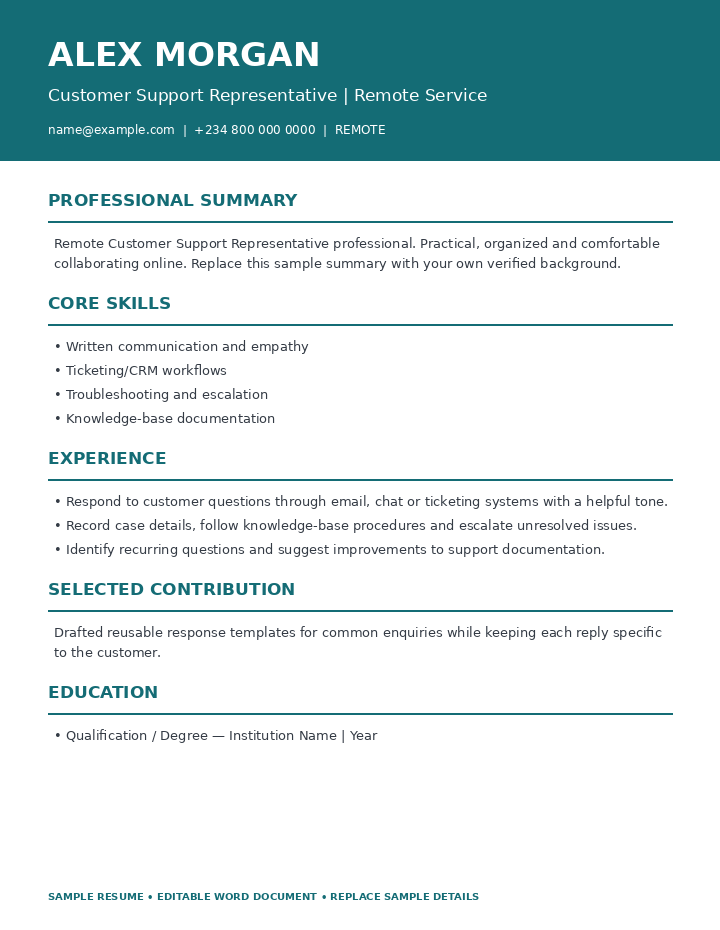 Preview of Remote Customer Support Resume