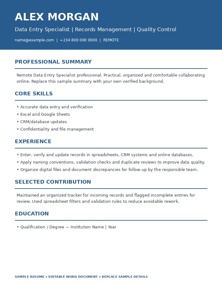 Preview of Remote Data Entry Specialist Resume