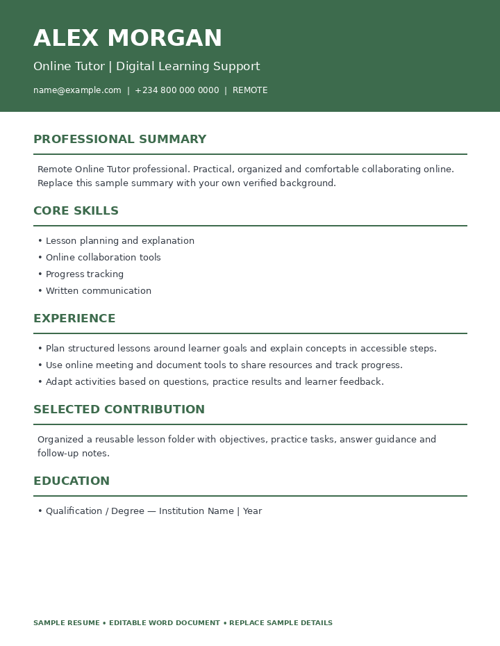 Preview of Remote Online Tutor Resume