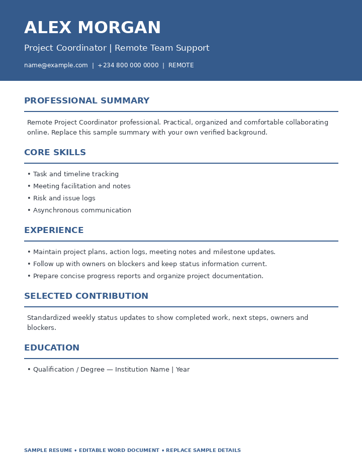 Preview of Remote Project Coordinator Resume