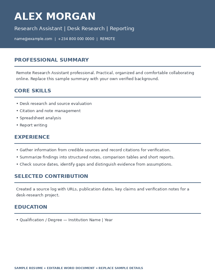 Preview of Remote Research Assistant Resume