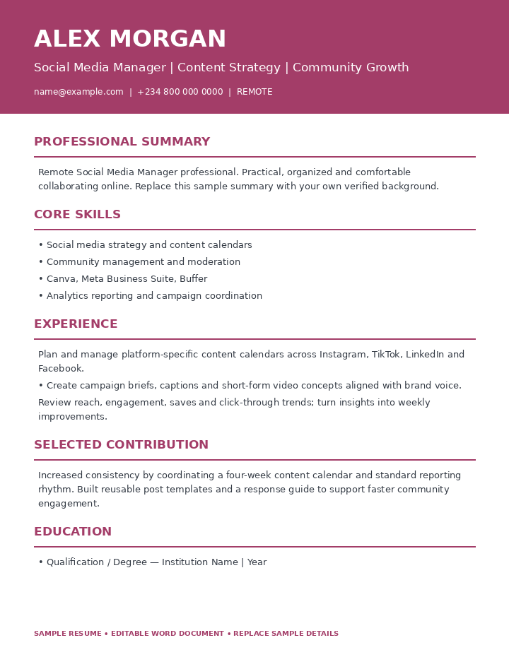 Preview of Remote Social Media Manager Resume
