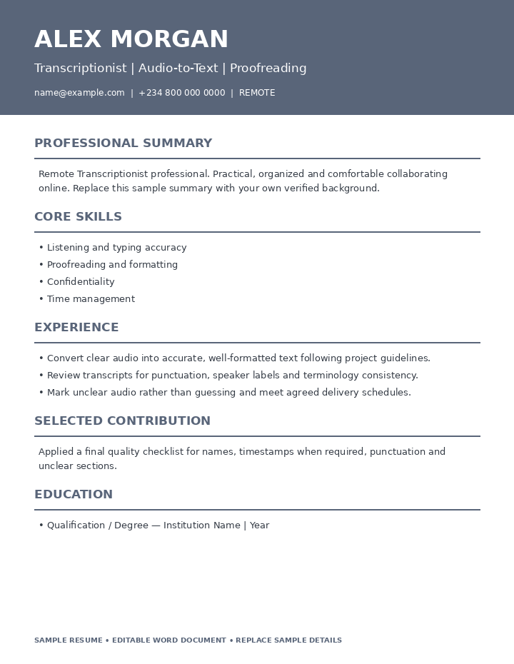 Preview of Remote Transcriptionist Resume