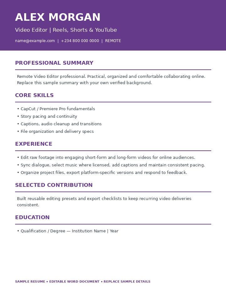 Preview of Remote Video Editor Resume