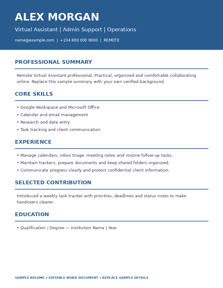 Preview of Remote Virtual Assistant Resume