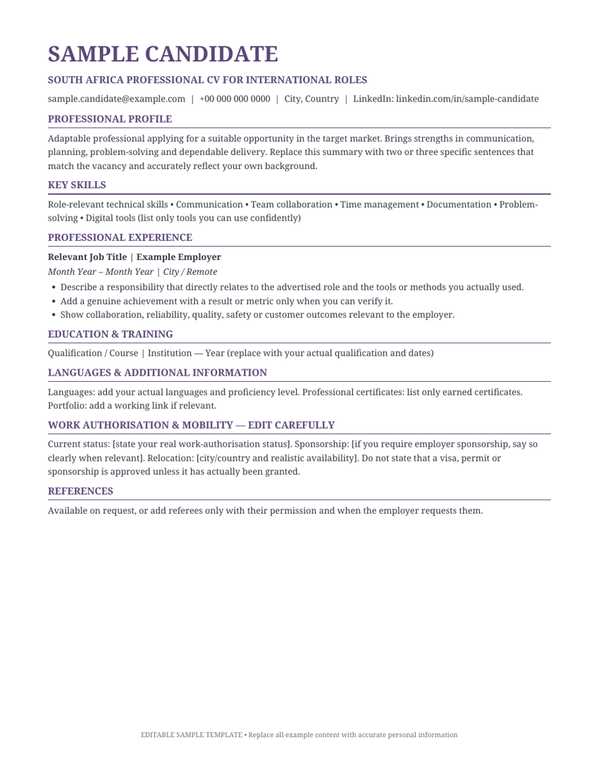 Preview of South Africa Professional CV for International Roles