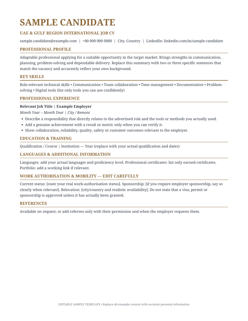 Preview of UAE & Gulf Region International Job CV
