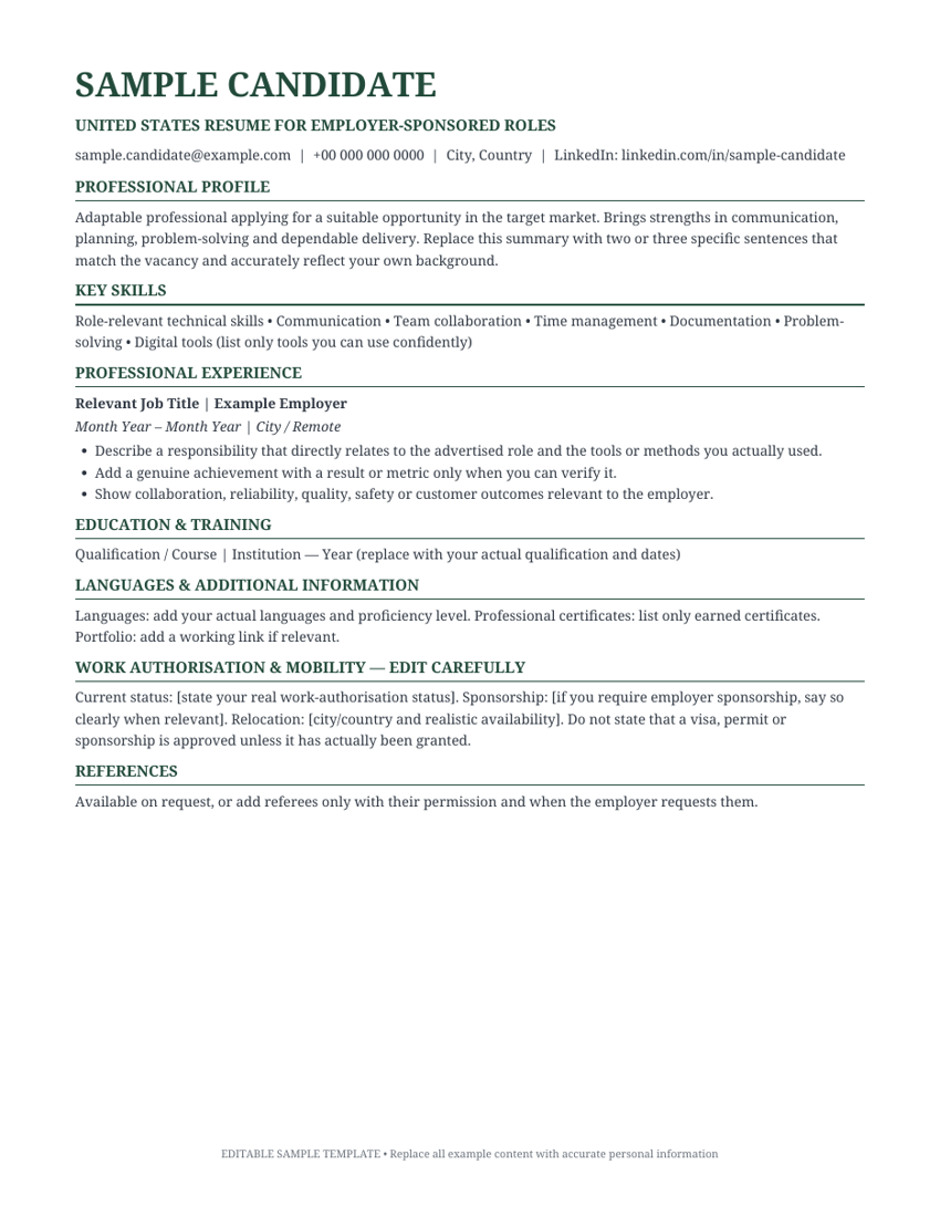 Preview of United States Resume for Employer-Sponsored Roles