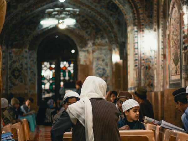 traditional islamic study in pakistani mosque interior
