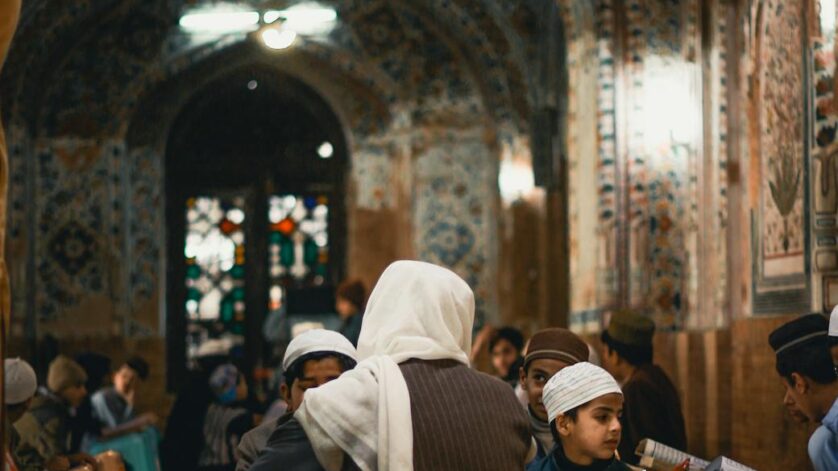 traditional islamic study in pakistani mosque interior