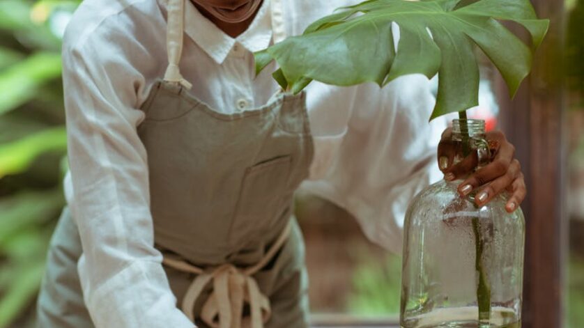 focused housewife in apron cleaning wooden table