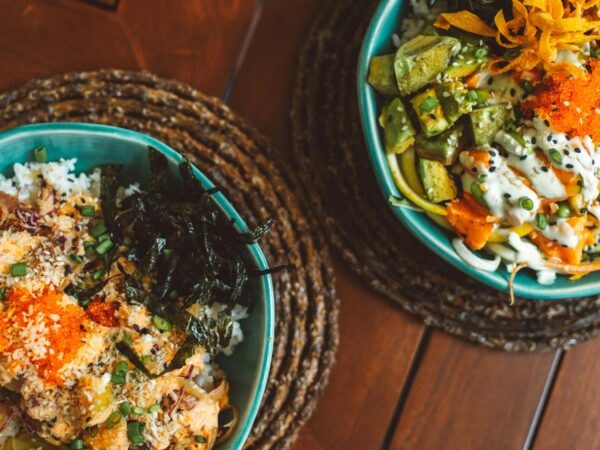blue ceramic bowls with food