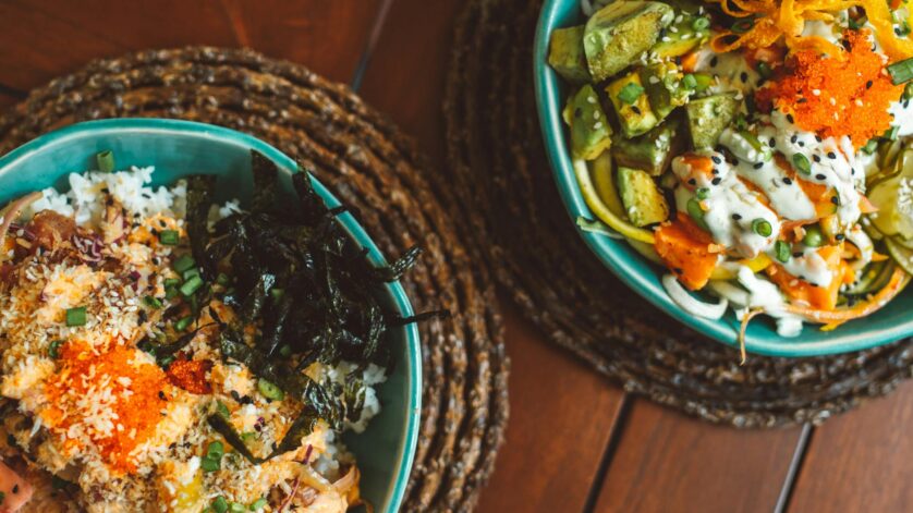 blue ceramic bowls with food