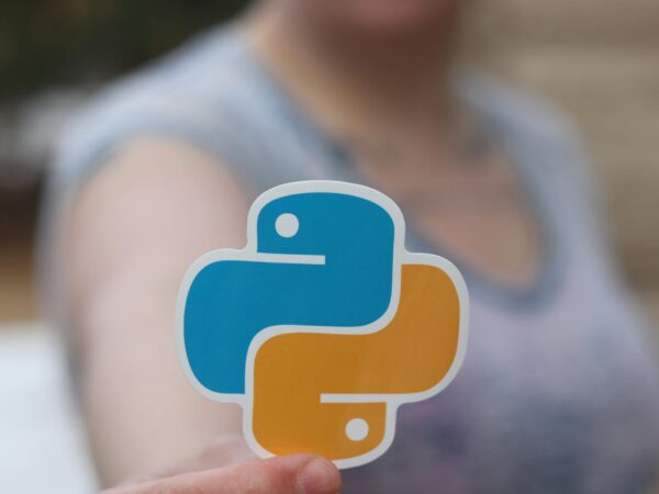 person holding an orange and blue python sticker