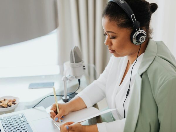 a woman sitting at the desk