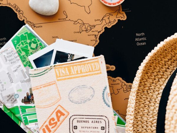 passport and compass on top of maps