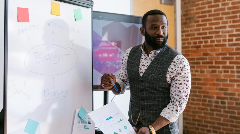 a man standing near the white board