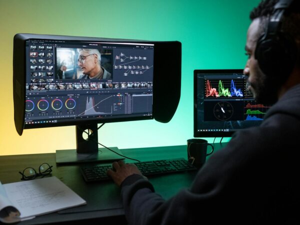 man sitting at the desk and editing footage on a computer