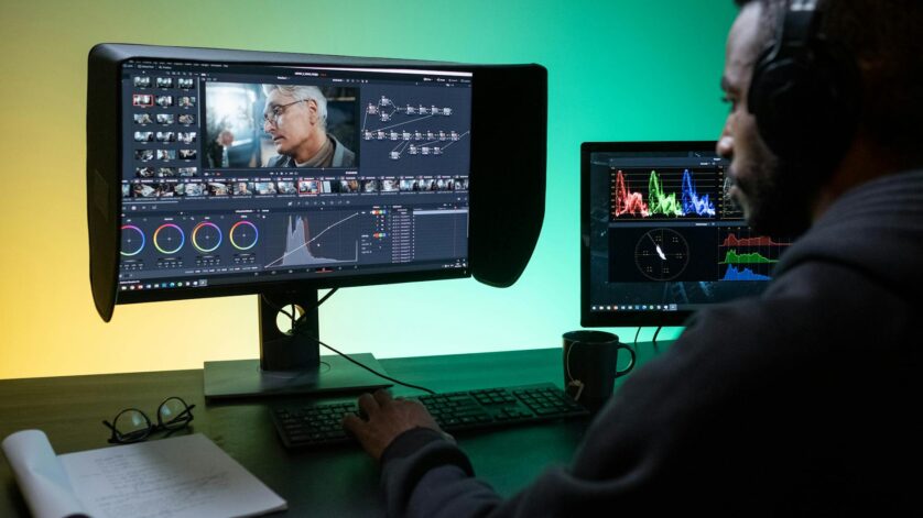 man sitting at the desk and editing footage on a computer