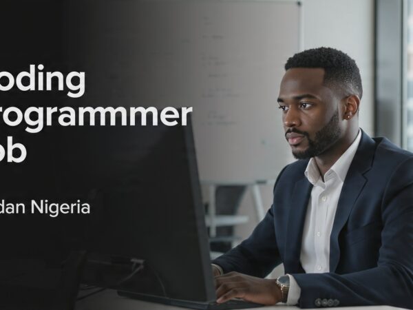 Professional office environment showing a software developer workspace with the headline “Coding Programmer Job Ibadan Nigeria”.