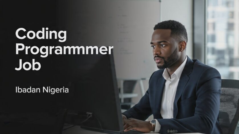 Professional office environment showing a software developer workspace with the headline “Coding Programmer Job Ibadan Nigeria”.