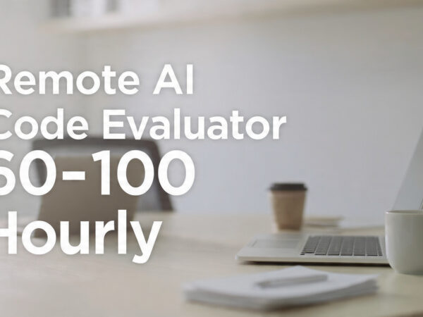 Professional software engineer reviewing code on laptop with visible text “Remote AI Code Evaluator $60–$100 Hourly”.