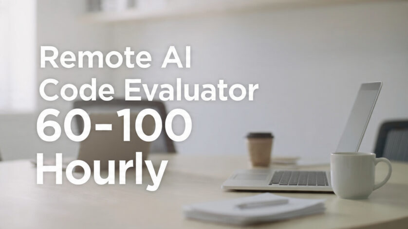 Professional software engineer reviewing code on laptop with visible text βRemote AI Code Evaluator $60β$100 Hourlyβ.